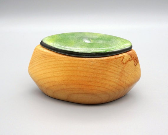 Hand Carved Wooden Box with Green Enamel Lid, Vin… - image 1