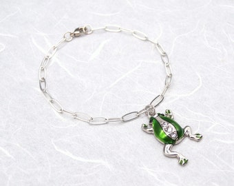 Pulsera con dije de rana de esmalte verde bañada en plata con clip, pulsera con dije de rana y cristal, joyería para amantes de las ranas