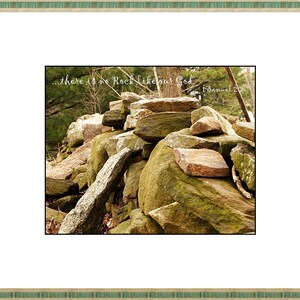Pu&ograve; includere: Un cumulo di rocce in un ambiente boschivo con il testo "...there is no Rock like our God 1 Samuel 2:2" sovrapposto all'immagine.