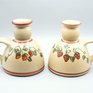 Olde Cape Cod Strawberry Stoneware Candle Holder Set, Vintage Hand Painted Strawberry Vine Candle Holders, Rustic Strawberry Candle Holders
