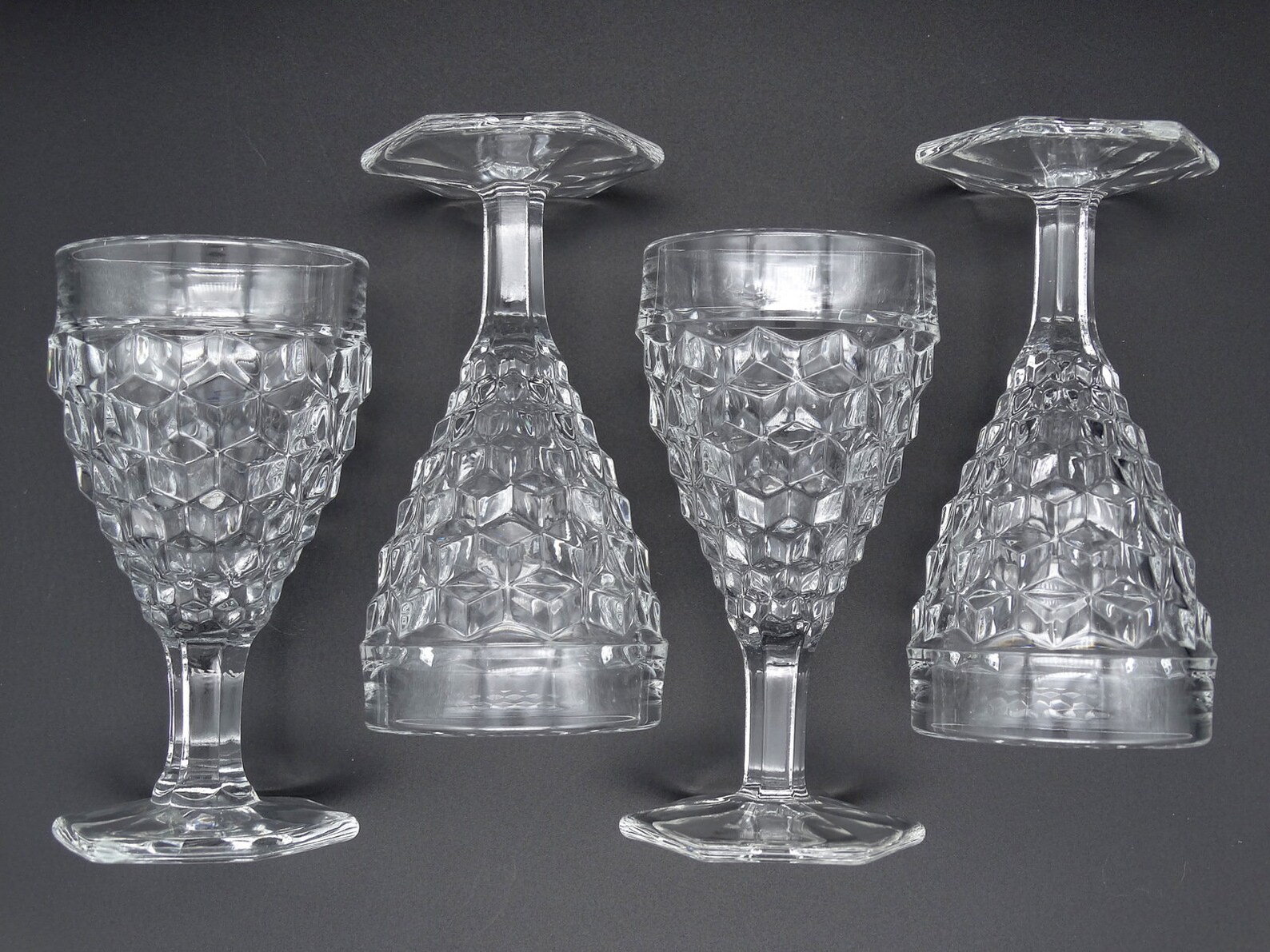 Fostoria American Clear Wine Glasses, Vintage Cube Motif Fostoria Wine