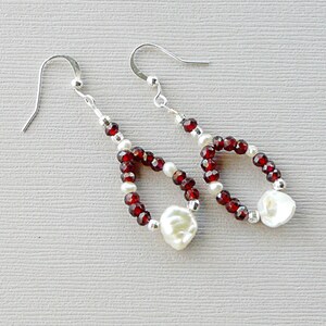 Red Garnet & White Pearl Earrings, Garnet and Pearl Gemstone Earrings, Red and White Gem Dangle Earrings