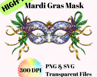 Elegant Chinoiserie-Inspired Mardi Gras Mask PNG & SVG | Blue Porcelain Digital Download