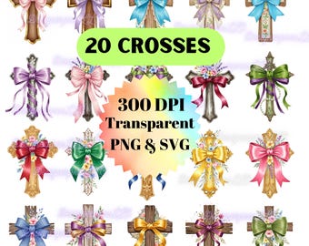 Watercolor Floral Cross Clipart Bundle, Christian PNG SVG Designs (Digital Download)