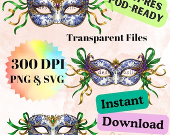 Chinoiserie Mardi Gras Mask: Elegant Porcelain Design (PNG SVG)