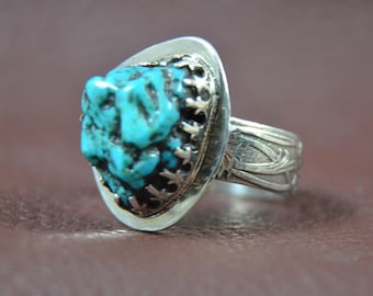 Very Rare Darker Blue Turquoise Nugget Shape Ring with Vintage Silver Spoon Band. 925 Sterling Silver Ring Size 10