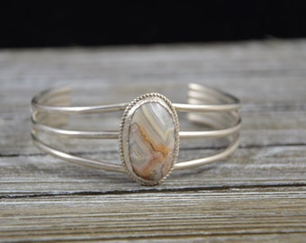 Oval White Laced Agate on a Cuff Sterling Silver Bracelet