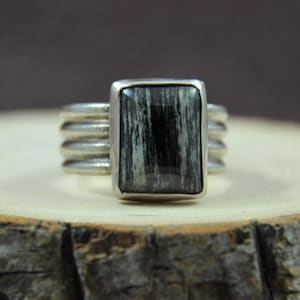 Zebra Jasper Rectangle Shape Ring with Quadruple Banded 925 Solid Sterling Silver Shank. Ring Size 10