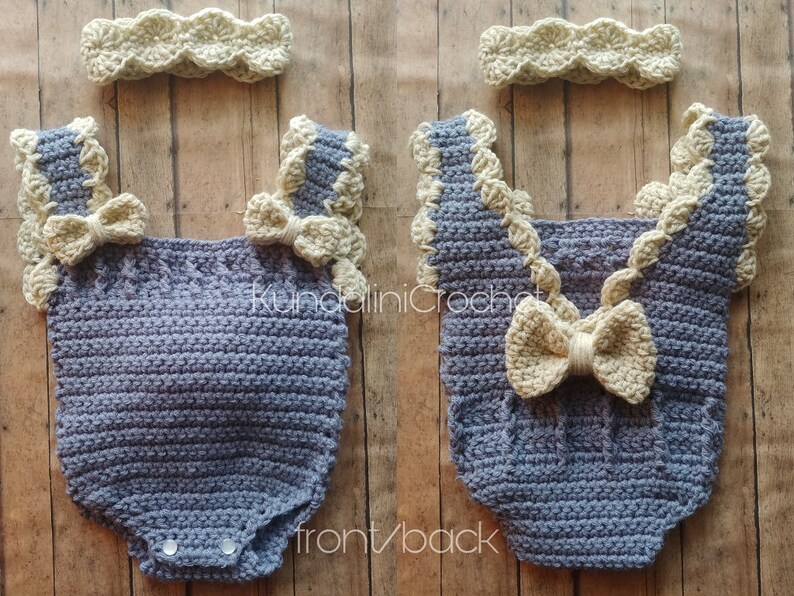 May include: A crocheted baby outfit in a light blue color with a matching headband. The outfit has a scalloped trim and a bow on the back. The headband is a simple band with a scalloped edge.