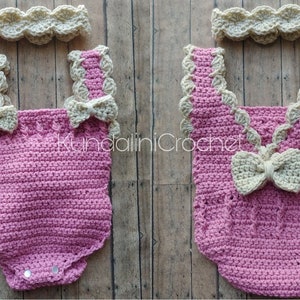 May include: A pink crocheted baby onesie with a white crocheted bow and matching headband. The onesie has a scalloped edge and a snap closure.