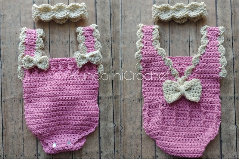 May include: A pink crocheted baby onesie with a white crocheted bow and matching headband. The onesie has a scalloped edge and a snap closure.