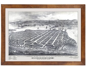 Coronado Beach & San Diego, CA 1887 Bird's Eye View; 24x36 Print from a Vintage Lithograph