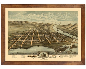 Grand Haven, MI 1874 Bird's Eye View; 24x36 Print from a Vintage Lithograph