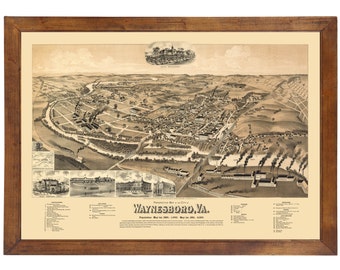 Waynesboro, VA 1891 Bird's Eye View; 24x36 Print from a Vintage Lithograph