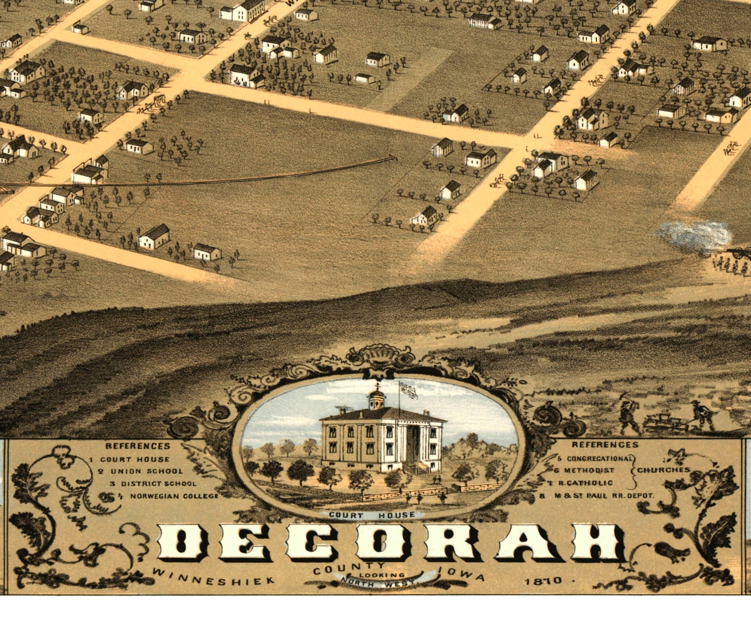 Decorah, IA 1870 Bird's Eye View 24x36 Print from a Vintage Lithograph Etsy France