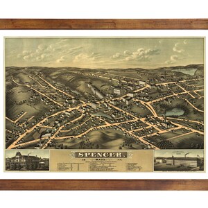 Spencer, MA 1877 Bird&#39;s Eye View; 24&quot; x 36&quot; Print from a Vintage Lithograph (does not include frame)