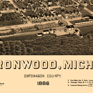 Ironwood, MI 1886 Bird's Eye View; 24x36 Print From a Vintage ...