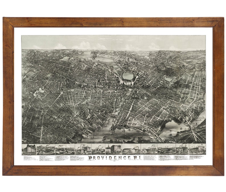 May include: A vintage black and white aerial map of Providence, Rhode Island. The map shows the city's streets, buildings, and waterways. The text "PROVIDENCE, R.I." is printed at the bottom of the map.