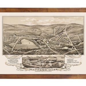 Maynard, MA 1879 Bird&#39;s Eye View; 24x36 Print from a Vintage Lithograph