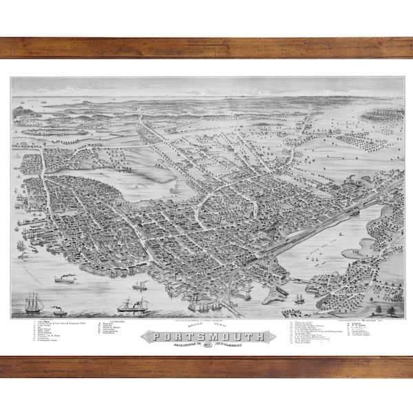 Portsmouth, NH 1877 Bird's Eye View; 24" x 36" Print from a Vintage Lithograph (does not include frame)