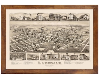Lansdale, PA 1885 Bird's Eye View; 24x36 Print from a Vintage Lithograph