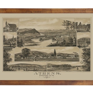 Athens, PA 1881 Bird&#39;s Eye View; 24&quot; x 36&quot; Print from a Vintage Lithograph (does not include frame)