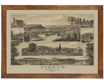 Athens, PA 1881 Bird's Eye View; 24" x 36" Print from a Vintage Lithograph (does not include frame)
