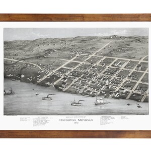Houghton, MI 1872 Bird&#39;s Eye View; 24&quot; x 36&quot; Print from a Vintage Lithograph (does not include frame)