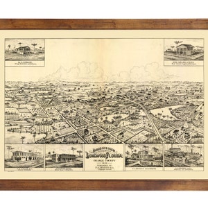 May include: A vintage birds-eye view map of Longwood, Florida, Orange County, 1883. The map shows the town's layout with streets, buildings, and surrounding landscape. The map is framed in a brown wooden frame.