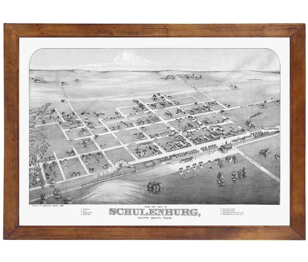 Schulenburg TX 1881 Bird's Eye View 24x36 Print from a Etsy España