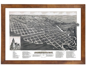 Jamestown, ND 1883 Bird's Eye View; 24" x 36" Print from a Vintage Lithograph (does not include frame)