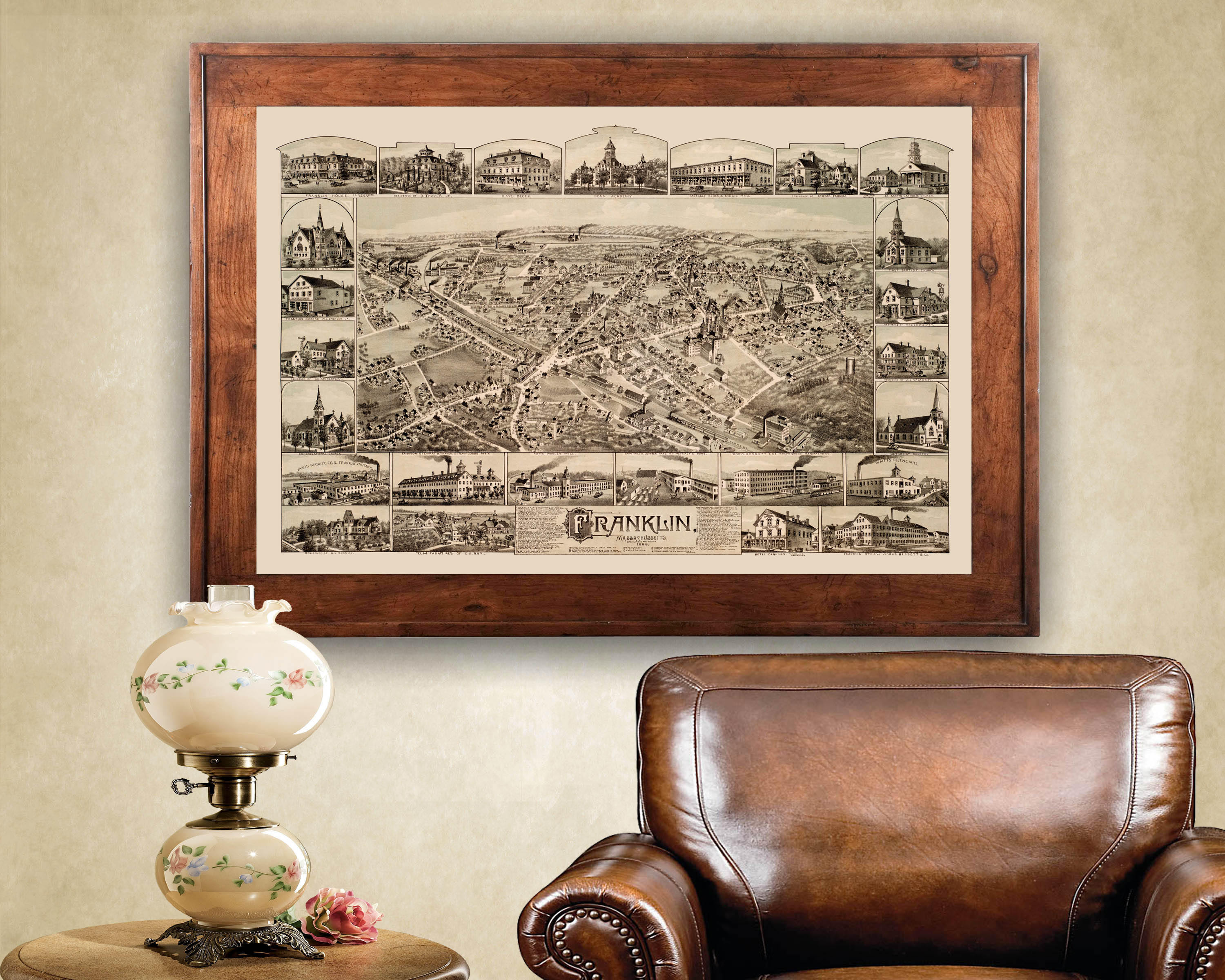 Franklin, MA 1888 Bird's Eye View; 24x36 Print From a