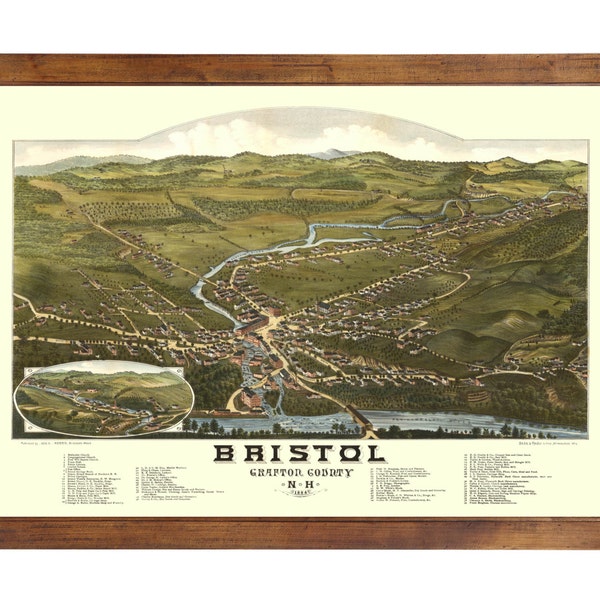 Bristol, NH 1884 Bird's Eye View; 24" x 36" Print from a Vintage Lithograph (does not include frame)