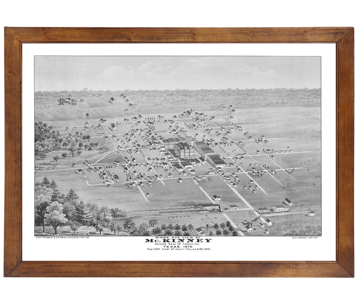 Mckinney TX 1876 Bird's Eye View 24x36 Print From a Etsy