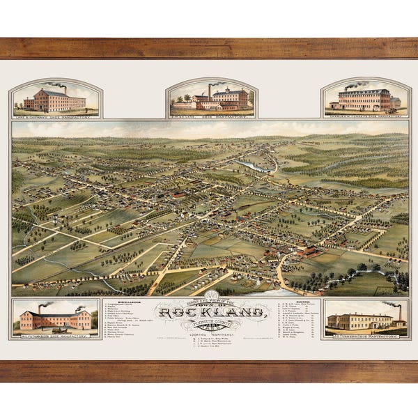 Rockland, MA 1881 Bird's Eye View; 24x36 Print from a Vintage Lithograph