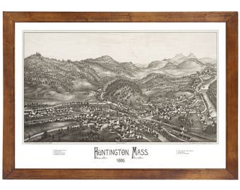 Huntington, MA 1886 Bird's Eye View; 24x36 Print from a Vintage Lithograph