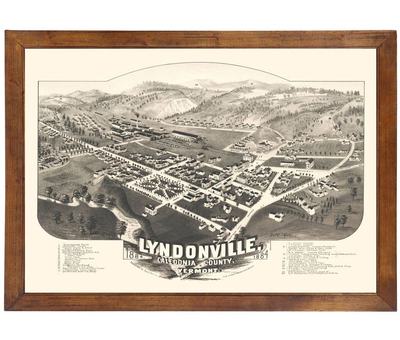 Lyndonville VT 1884 Bird's Eye View 24x36 Print From a Etsy