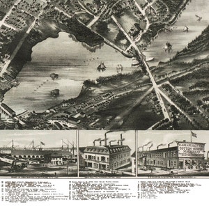 May include: An aerial view of a town with a river and several buildings. The buildings are labeled with their names and businesses. The image is from an 1880s map of the town.