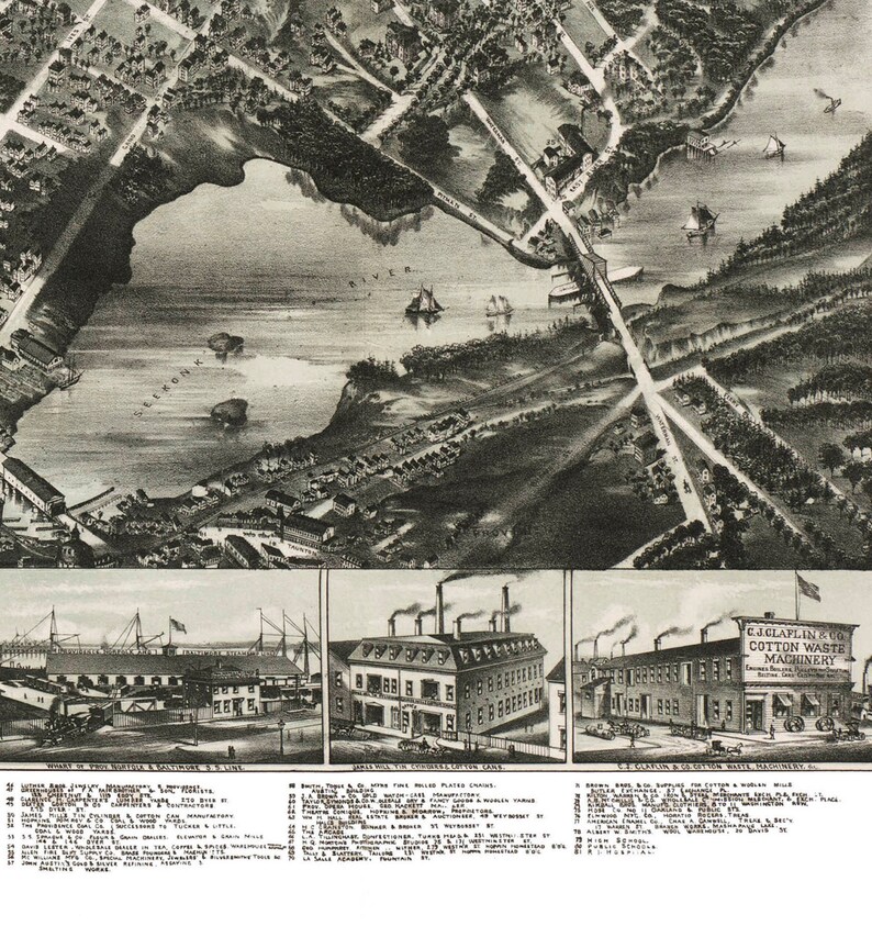 May include: An aerial view of a town with a river and several buildings. The buildings are labeled with their names and businesses. The image is from an 1880s map of the town.