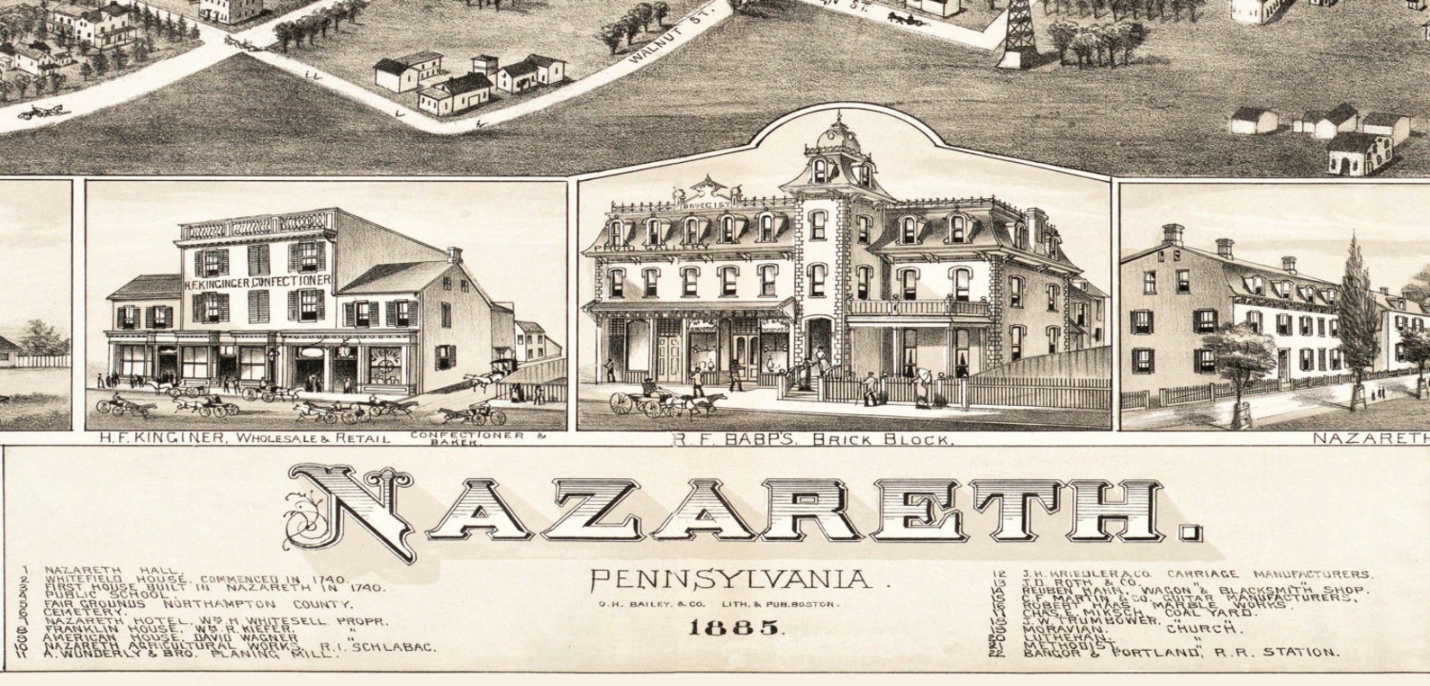 Nazareth, PA 1885 Bird's Eye View 24x36 Print From a Vintage Lithograph