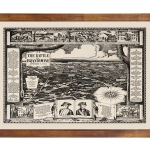 May include: A black and white illustration of the Battle of Brandywine, a Revolutionary War battle that took place on September 11, 1777. The illustration includes a map of the battlefield, portraits of General George Washington and General William Howe, and a series of vignettes depicting key moments of the battle.