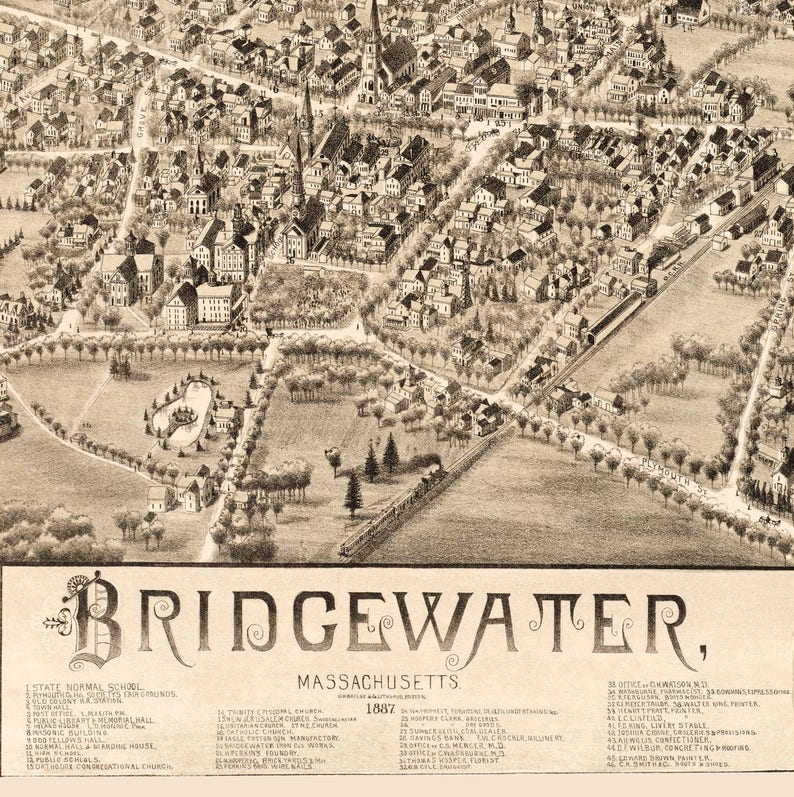 Bridgewater MA 1887 Bird/'s Eye View; 24x36 Print from a Vintage Lithograph