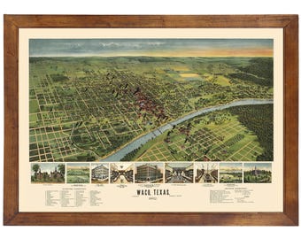 Waco, TX 1892 Bird's Eye View; 24x36 Print from a Vintage Lithograph