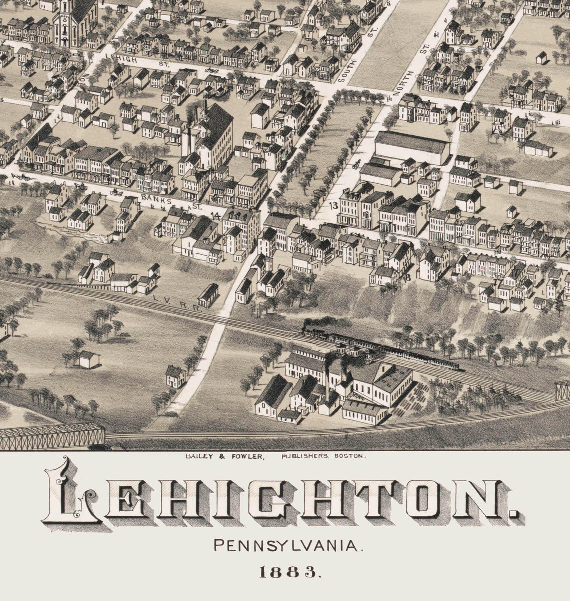 Lehighton PA 1883 Bird's Eye View 24x36 Print From a Etsy