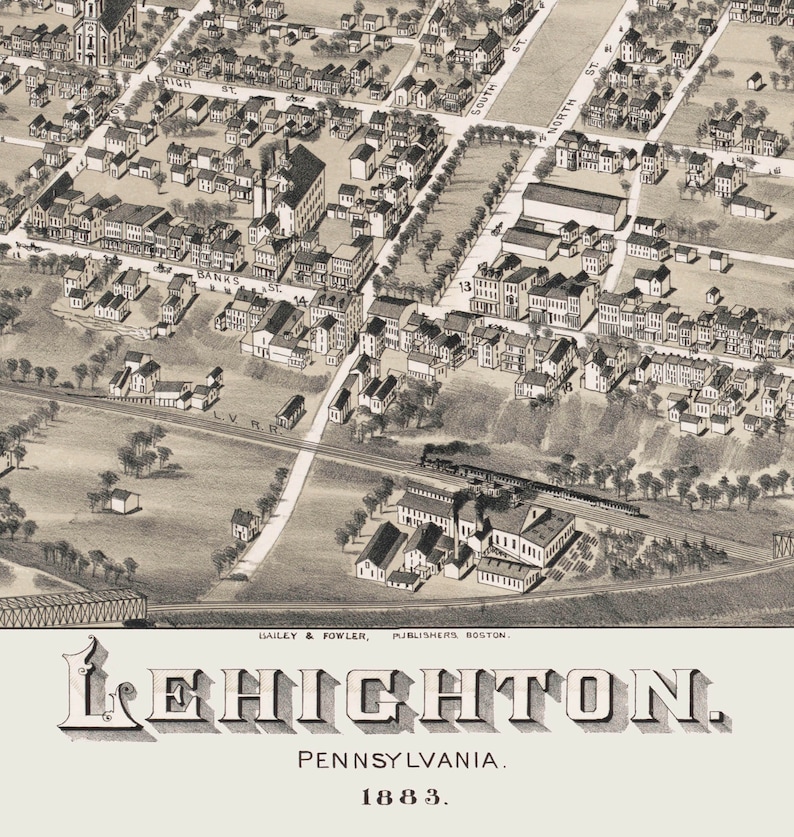 Lehighton PA 1883 Bird's Eye View 24x36 Print From a Etsy