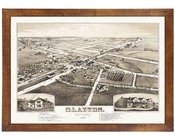 Clayton, DE 1885 Bird's Eye View; 24x36 Print from a Vintage Lithograph