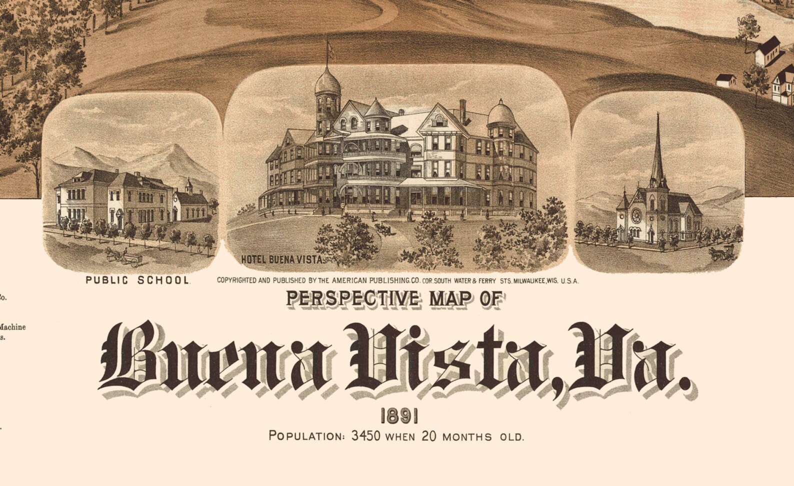 Buena Vista, VA 1891 Bird's Eye View 24x36 Print From a Vintage