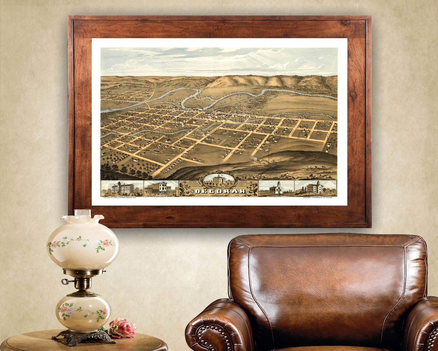 Decorah, IA 1870 Bird's Eye View 24x36 Print from a Vintage Lithograph Etsy France