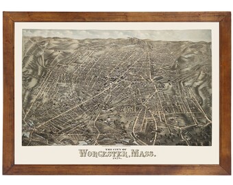Worcester, MA 1878 Bird's Eye View; 24x36 Print from a Vintage Lithograph