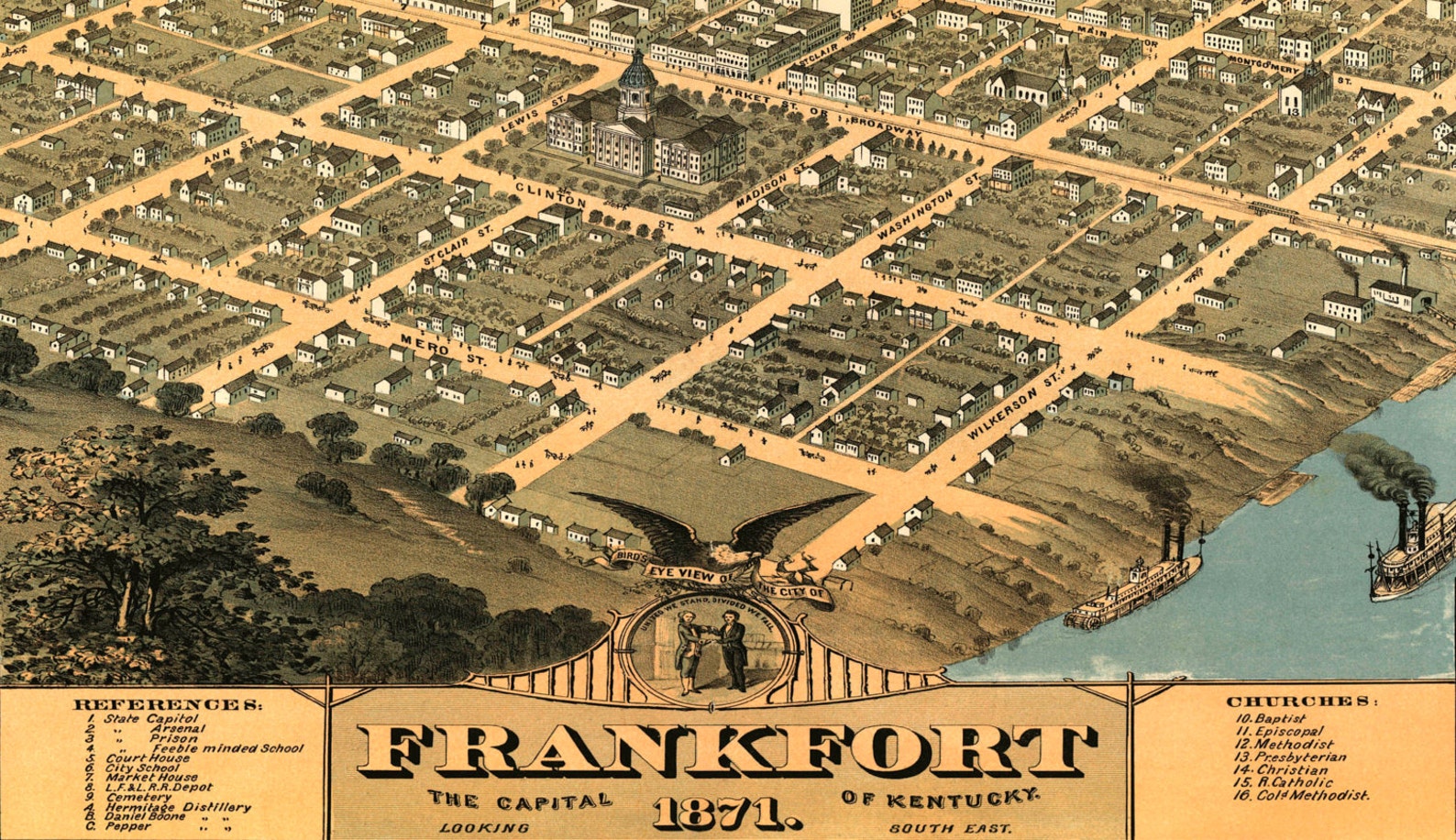 Frankfort, KY 1871 Bird's Eye View 24 X 36 Print From a Vintage